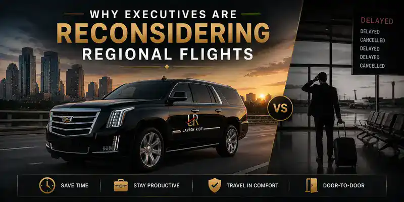 Cadillac Escalade executive transportation compared to delayed regional flights, highlighting private intercity travel, productivity, comfort, door-to-door service, and reliable business transportation with Lavish Ride branding.